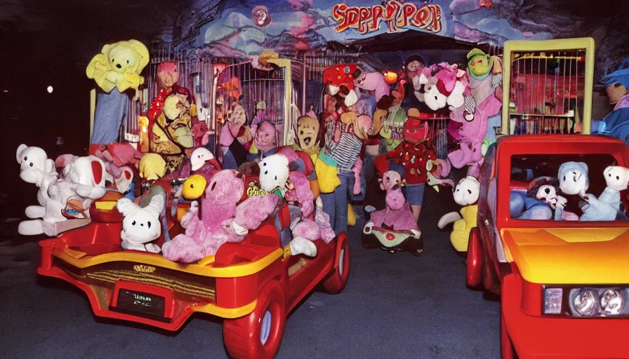 Image similar to 1990s photo of inside the Sppoky Beanie Babies ride at Universal Studios in Orlando, Florida, riding a Beanie Baby car through a haunted house, cinematic, UHD