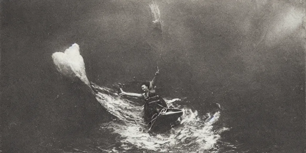 Prompt: a boat being grabbed by a giant underwater hand, 1 9 0 0 s photograph