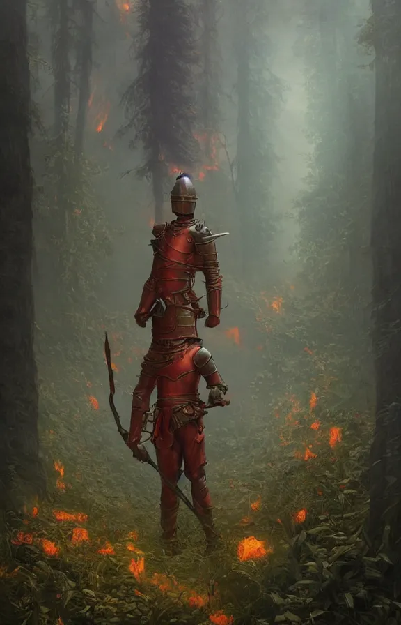 Image similar to a knight among flowers in dark forest surrounded by fire and smoke, moody, rim light, dynamic lighting, cinematic shot, gritty, ultra - detail, renderman, physically based render, jean delville, gustave dore and marco mazzoni