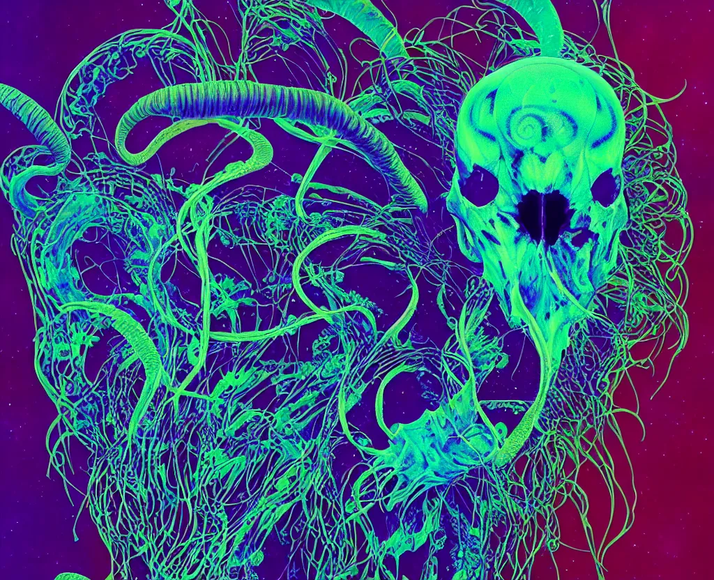 Image similar to psychedelic shaman close - up portrait goat skull. jellyfish phoenix head, nautilus, orchid, monkey skull, betta fish, bioluminiscent creatures, intricate artwork by tooth wu and wlop and beeple. octane render, trending on artstation, greg rutkowski very coherent symmetrical artwork. cinematic, hyper realism, high detail, octane render, 8 k