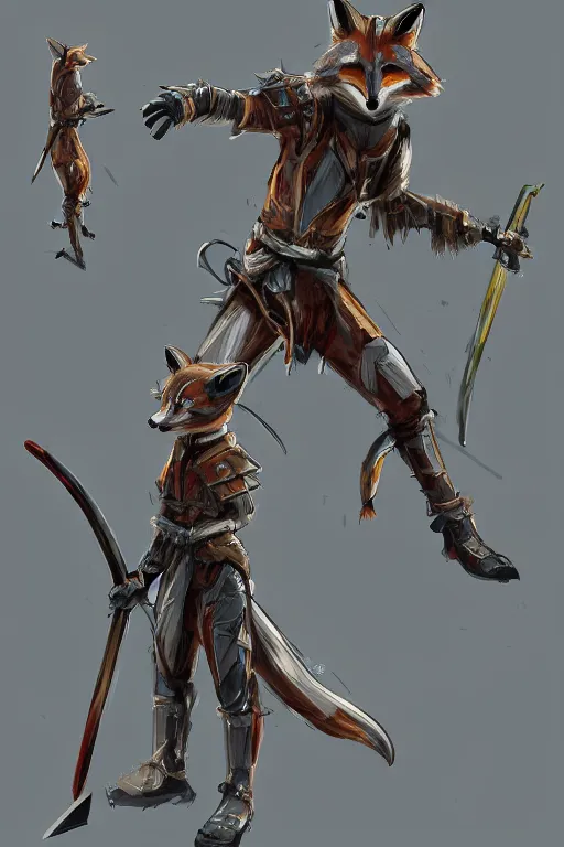 Image similar to anthropomorphic fox wielding dual blades wearing samurai clothes standing on top of robot scraps, concept art, digital painting, trending on artstation, electric sparks, moody lighting