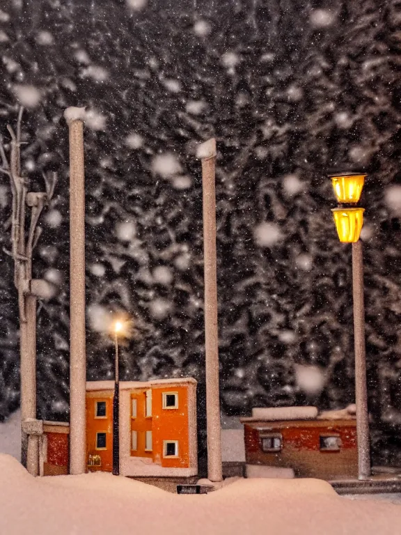 Prompt: detailed miniature diorama a soviet residential building, brutalism architecture, warm lights are on in the windows, man lies in the snow, dark night, fog, winter, blizzard, cozy and peaceful atmosphere, row of street lamps with warm orange light, several birches nearby