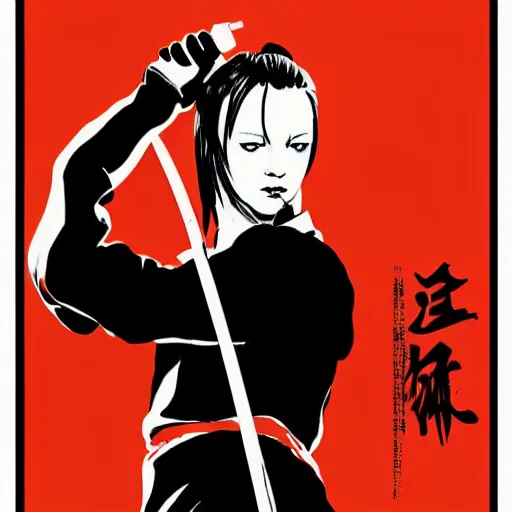 Image similar to kill bill movie poster with uma thurman swinging katana by tarantino, wlop and artgem, beautiful portrait, enhanced eye detail, exquisite hair and body