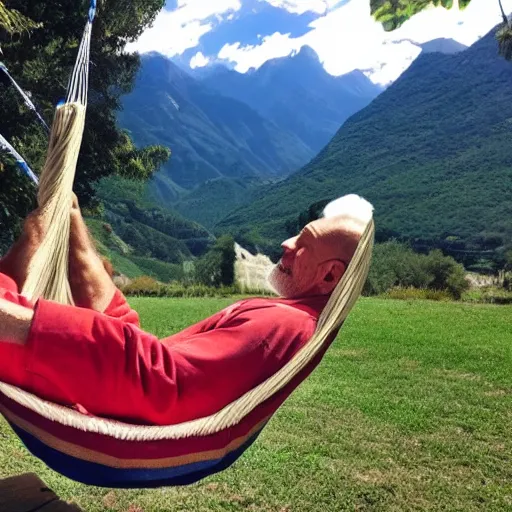 Image similar to my older italian wise friend on a hammock, reading new book, gravity is strong, he is very relaxed, mountains in a background