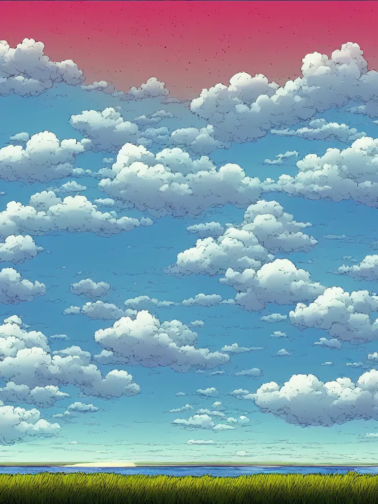Image similar to a digital art of a landscape of a field and the sea at noon, beautiful sky and clouds, colorful, by laurie greasley, artstation, studio ghibli color scheme