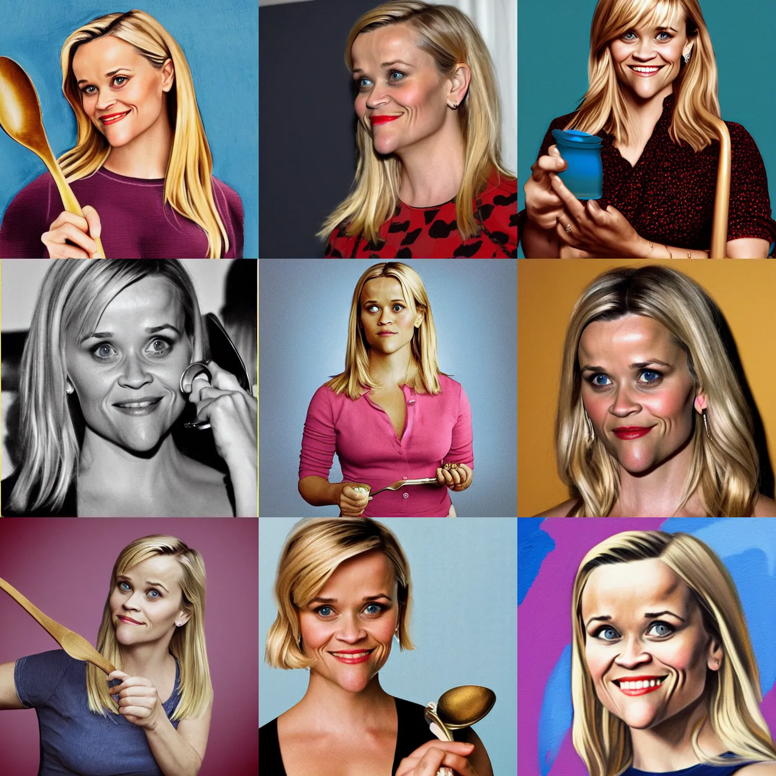 Prompt: reese witherspoon holding a spoon in her hand, reese witherspoon, hyper realistic, medium shot