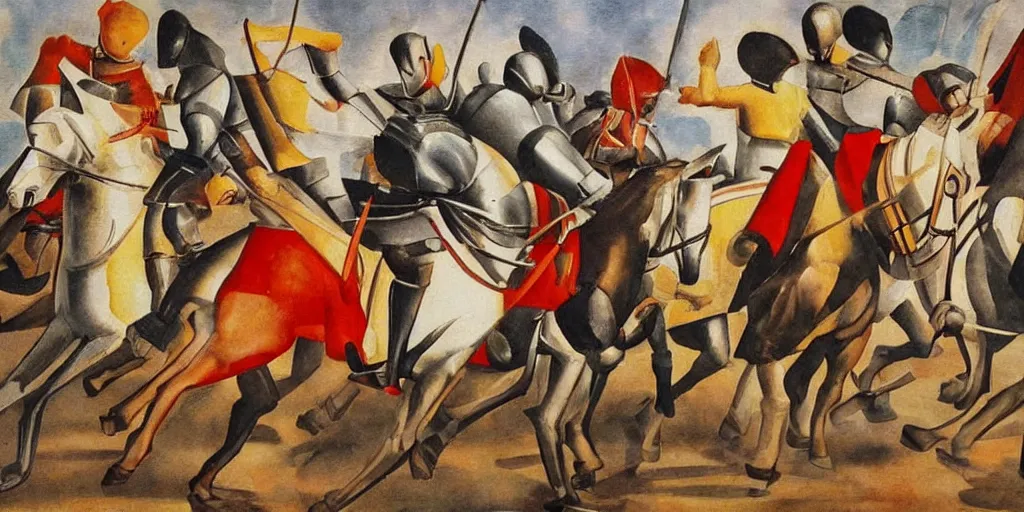 Image similar to italian futurism styled painting of a medieval knight cavalry charge