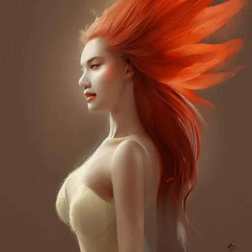 Prompt: prompt A beautiful portrait of a white red orange kumiho, gorgeous asian face, translucent silky dress, a bra in the shape of peacock feathers, close up front view, long clumpy hair in the shape of fox tail, backlit, concept art, matte painting, by Peter Mohrbacher