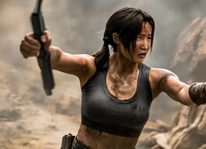 Image similar to film still of jackie chan as lara croft in new tomb raider movie, 8 k