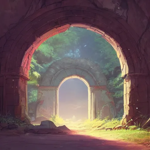 Image similar to concept art painting of an ancient ornate stone archway that is a portal to another world, in the woods, realistic, detailed, cel shaded, in the style of makoto shinkai and greg rutkowski and james gurney
