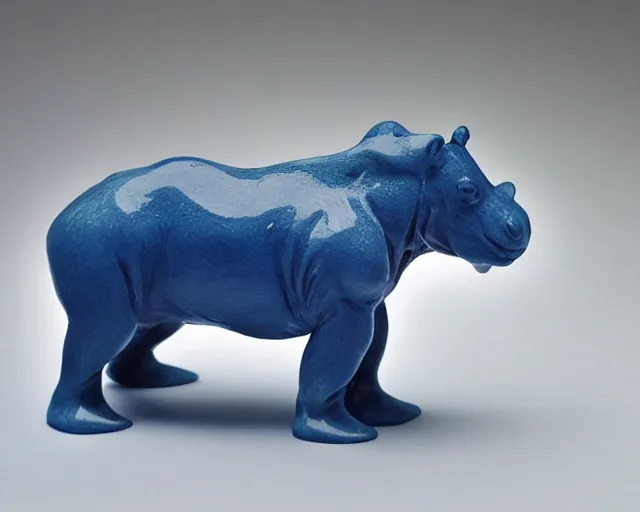 Prompt: small hippopotamus sculpture on a desk with bottom part and legs made out of wood and back and top part out of blue epoxy resin, side view centered