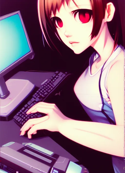 Image similar to a film still polaroid portrait of a young gamersgirl at her computer, detailed features, perfect art, busy room, hd, gapmoe yandere, trending on pixiv, focussed painted art, by wlop, ilya kuvshinov, artgerm, krenz cushart, pixiv