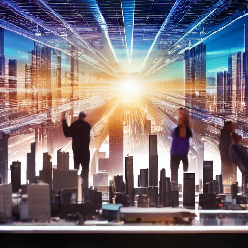 Image similar to crane shot of large group people in open warehouse, looking at hologram of futuristic city on a table, cinematic still, godrays, golden hour, natural sunlight, 4 k, clear details, tabletop model buildings, tabletop model, ethereal hologram center, crane shot, crane shot, rule of thirds