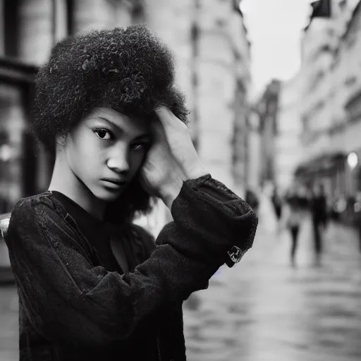 Image similar to black and white fashion photograph, highly detailed portrait of a depressed Zendaya as a drug dealer on a busy Paris street, detailed face looking into camera, eye contact, natural light, rain, mist, lomo, fashion photography, film grain, soft vignette, sigma 85mm f/1.4 1/10 sec shutter, Daren Aronofsky film still promotional image, IMAX 70mm footage