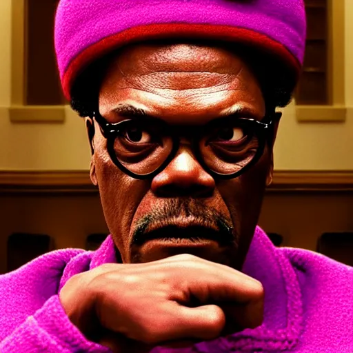 Image similar to film by wes anderson, the grand budapest hotel style, pulp fiction movie, highly detailed, photorealistic, full - body, samuel l jackson posing in cafe, perfect symmetrical eyes, 8 k resolution, digital art, hyper realistic