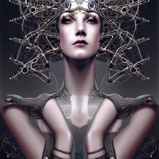 Prompt: portrait of the beautiful young robotic goddess of metal, surreal, fantasy, intricate, mechanical, elegant, dramatic lighting, emotionally evoking symbolic metaphor, highly detailed, gears, lifelike, photorealistic, digital painting, painterly, artstation, concept art, smooth, head in focus, sharp focus, illustration, art by John Collier and Krenz Cushart and Artem Demura and Alphonse Mucha and Albert Aublet,