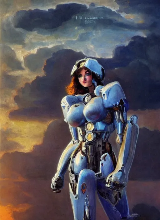Image similar to biblical mecha slim female, dynamic pose, in clouds, sunset, big eyes, portrait by mikhail vrubel, studio lighting, muted colors, by frank frazetta, extreme detail, reflections, trending on artstation, 8 k
