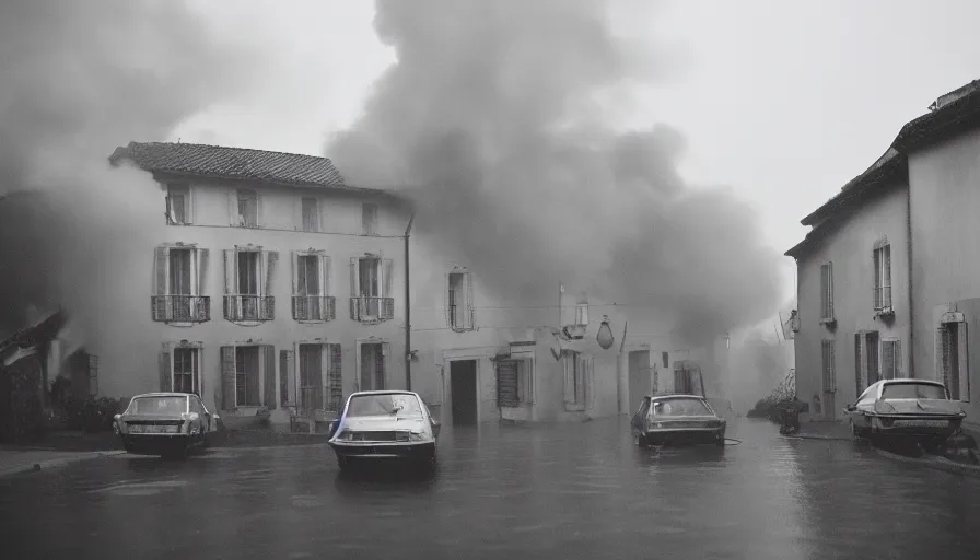 Prompt: 1 9 7 0 s movie still of a heavy burning french style townhouse in a small french village by night, rain, heavy smoke, cinestill 8 0 0 t 3 5 mm, heavy grain, high quality, high detail, dramatic light, anamorphic, flares