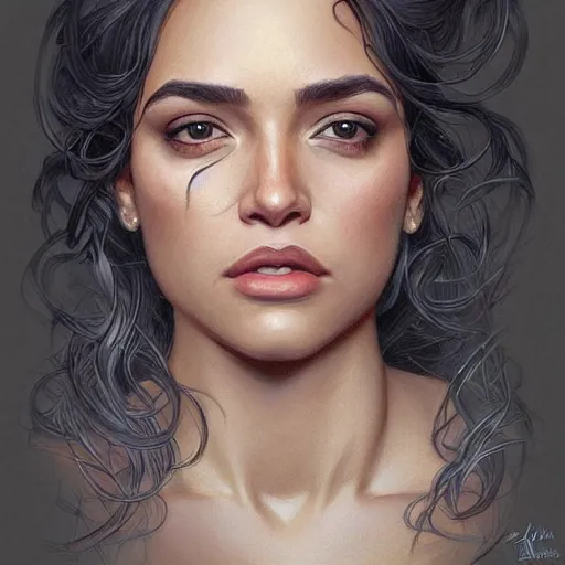 Image similar to portrait of a beautiful thick female, alexandria ocasio-cortez face, D&D, fantasy, intricate, elegant, highly detailed, digital painting, artstation, concept art, smooth, sharp focus, illustration, art by artgerm and greg rutkowski and alphonse mucha