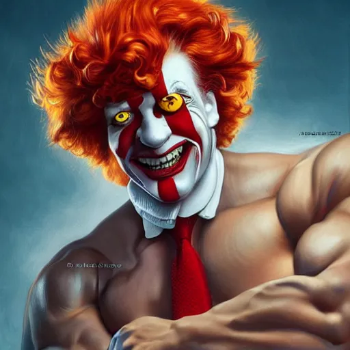 Image similar to portrait of Ronald McDonald the radio dj, muscular, wild, upper body, D&D, fantasy, intricate, cinematic lighting, highly detailed, digital painting, artstation, concept art, smooth, sharp focus, illustration, art by Hajime Sorayama