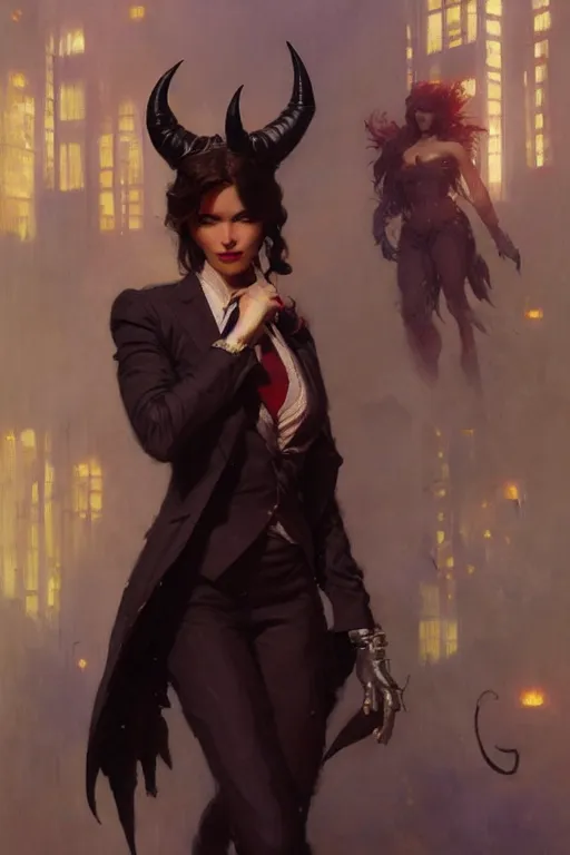 Image similar to well dressed woman in a suit with a sly smile and demon horns portrait dnd, painting by gaston bussiere, craig mullins, greg rutkowski, yoji shinkawa