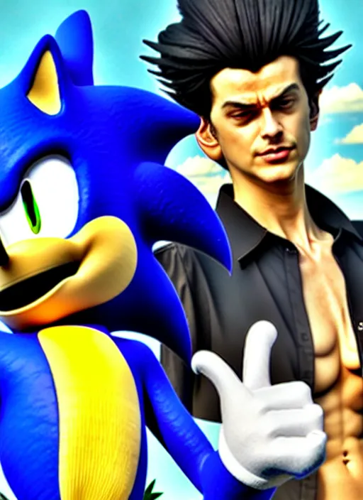 Image similar to sonic the hedgehog and jotaro kujo from jojo's bizarre adventure hanging out, photorealistic