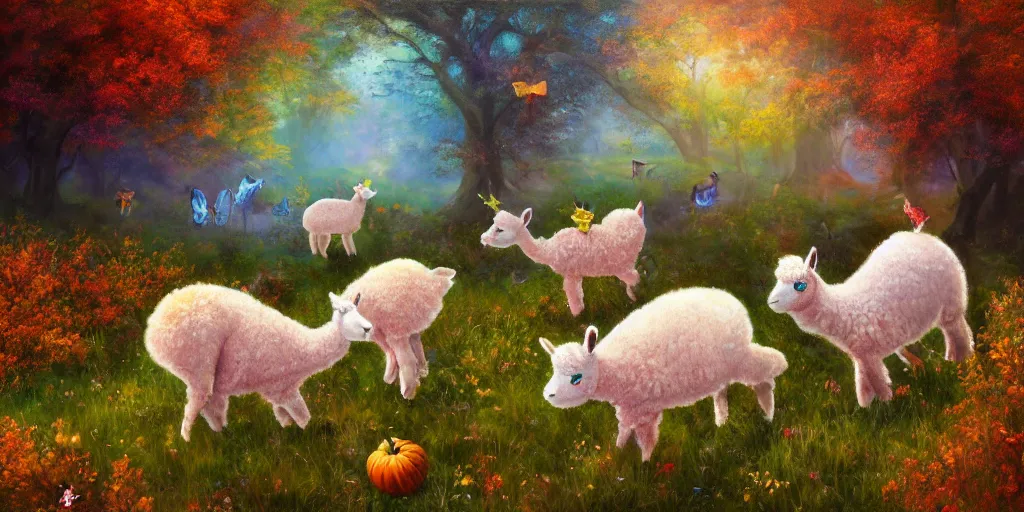 Prompt: detailed fairy alpacas in an autumn meadow, fantasy, vibrant, butterfly wings, 8 k, high quality, oil painting, digital art, trending on artstation