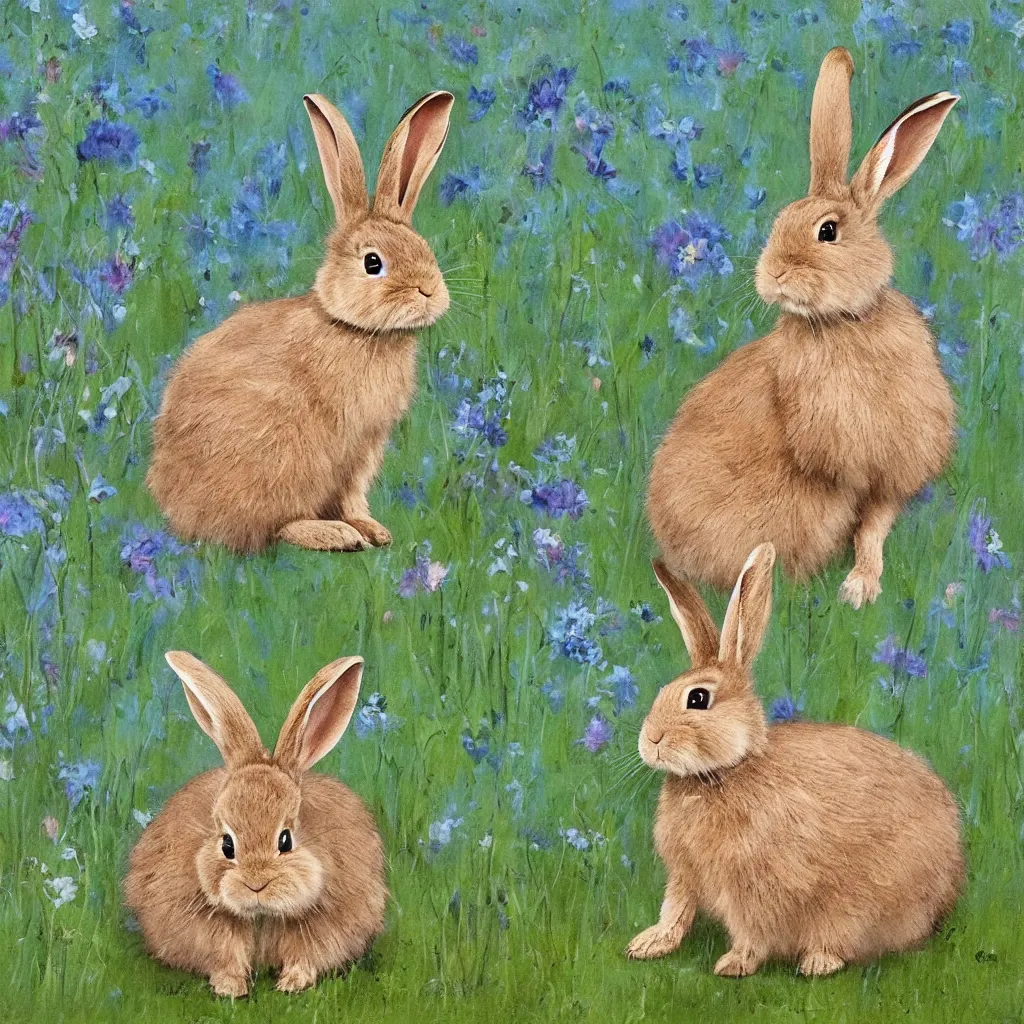 Prompt: The rabbit made out of metals in the picture looks cute and playful. It has big, fluffy ears and a long, furry tail. Its fur is a light brown color, and its eyes are a bright blue. The background of the picture is a gentle green, and there are flowers blooming around the rabbit. painted by Balaskas Christopher.