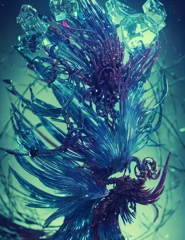 Image similar to witch phoenix macro close - up portrait with crown made of ram skull. phoenix, betta fish, jellyfish, plasma, ice, water, wind, creature, super intricate ornaments artwork by tooth wu and wlop and beeple and greg rutkowski