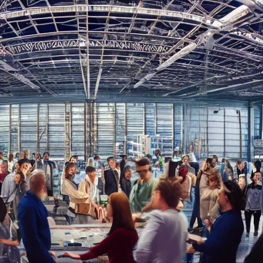 Image similar to crane shot of large group people in open warehouse, looking at hologram of futuristic city on a table, cinematic still, godrays, golden hour, natural sunlight, 4 k, clear details, tabletop model buildings, tabletop model, ethereal hologram center, crane shot, crane shot, rule of thirds, people foreground