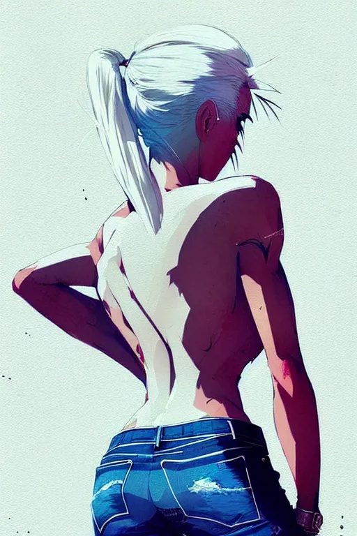 Image similar to a ultradetailed beautiful back painting of a stylish woman with white hair in a short pony tail, she is wearing jeans, by conrad roset, greg rutkowski and makoto shinkai trending on artstation