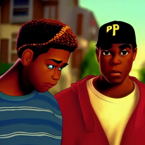 Image similar to a cinematic still of the Pixar version of the movie Boyz N The Hood (1991) epic lighting, shallow depth of field