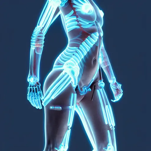 Image similar to female cyborg posing sensual figure x - ray, skeletal, glowing veins under translucent skin, highly detailed skin, bioluminescent, plasma, greg rutkowski, 8 k trending on artstation