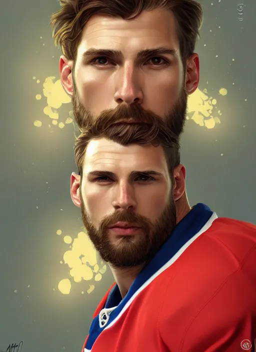 Image similar to ultra realistic illustration, handsome habs player. intricate, sainte flanelle suit, highly detailed, digital painting, artstation, concept art, smooth, sharp focus, illustration, art by artgerm and greg rutkowski and alphonse mucha and wlop