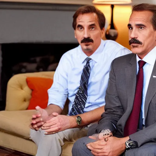 Image similar to mike lindell sitting next to hunter biden on dingy couch in a crackhouse smoking crack