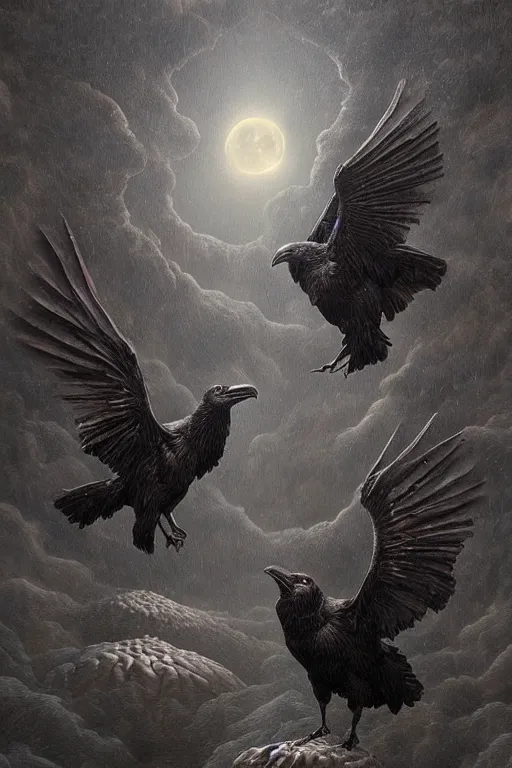 Prompt: Intricate stunning highly detailed surreal ravens by agostino arrivabene and Vladimir Kush, sculpture, ultra realistic, Horror, dramatic lighting, full moon, blood moon, thick swirling particle smoke tornado, fire embers, trending on artstation