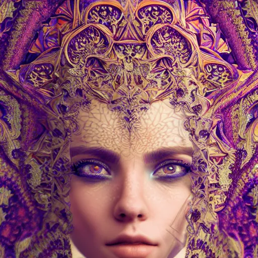 Image similar to wonderful princess of fractals and patterns, beautiful face, hyper detailed, background intricate and detailed, ornate 8 k gorgeous intricate detailed, octane render, psychedelic