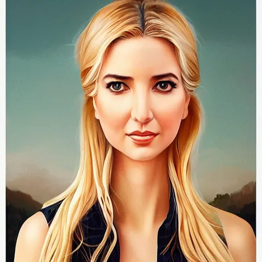 Image similar to a beautiful scenic painting of a beautiful young woman that looks like ivanka trump by artgerm and wlop and wes anderson and spike jonze