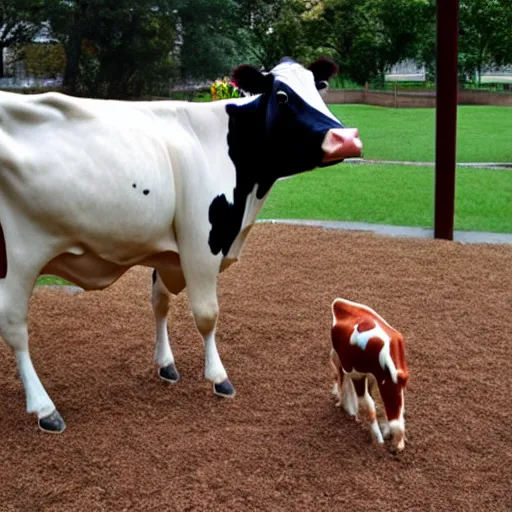 Prompt: cow on the playground, photo