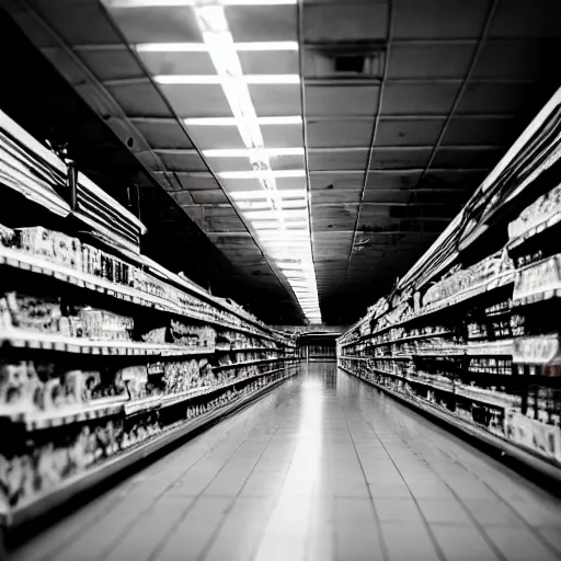 Prompt: empty grocery aisles, ransacked, vines coming down from the ceiling, dramatic lighting. Dystopian. End of the world. Depth of field. Film grain. Documentary photo. Sigma 40mm f/1.4 DG HSM