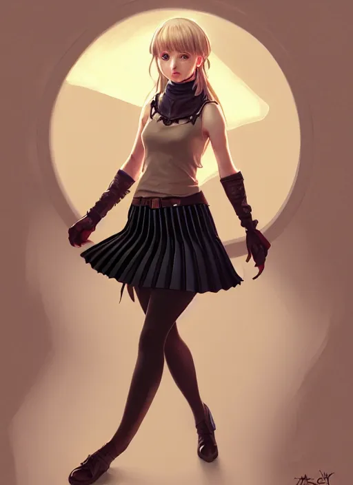 Image similar to portrait of a full body of beautiful young female detective, d & d, sleeveless turtleneck, pleated skirt, fantasy, flat lighting, intricate, highly detailed, digital painting, artstation, concept art, smooth, sharp focus, illustration, misa amane, art by simon bisley and greg rutkowski and alphonse mucha, natural tpose