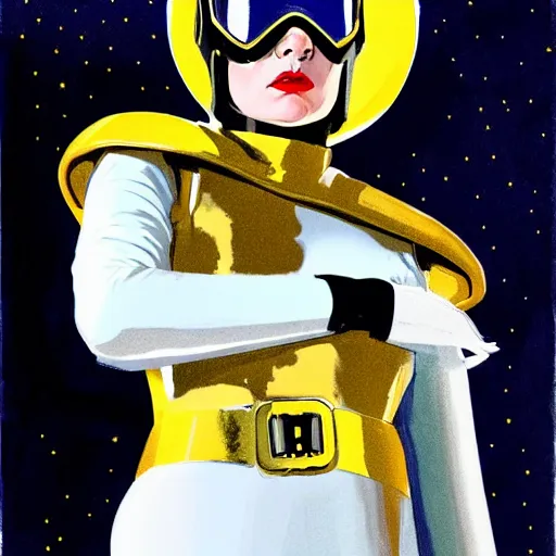 Prompt: portrait soft light, stoic emotionless heroic butch woman space hero in white and gold uniform and cape and boots and gloves, with jetpack, very short slicked - back hair, victorian brass goggles, by frank mccarthy and conrad roset, inspired by flash gordon, paintbrush, fine,