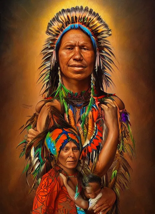 Prompt: a beautiful painting of an indigenous mother with open arms, facing camera, full body, matte painting, fantasy art, ayahuasca, highly detailed