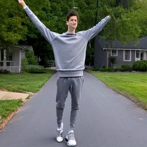 Image similar to Rocco Botto wearing gray sweatshirt and gray sweatpants and gray 👟 standing in a T-pose on a suburban residential street.