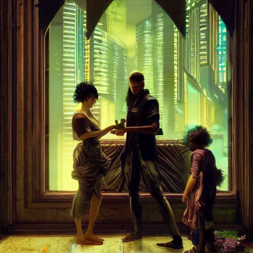 Image similar to (Night City Cyberpunk 2077) Frenetic domesticity, with a parent and child in the center, surrounded by futuristic items of convenience. The colors are muted-neon and calming, serine complacency. By Ellen Jewett, by Lawrence Alma-Tadema, realistic