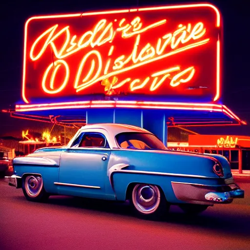 Image similar to kodachrome color photograph of a 1 9 5 0 s drive - in diner at night, taken in 2 0 2 2, neon - lights, googie architecture, americana