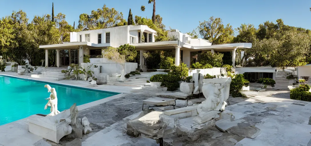 Prompt: greek - inspired midcentury house with marble columns. statue of venus in backyard. neptune pool from san simeon in backyard. built in 1 9 5 9 in hollywood hills. cocktail party taking place.