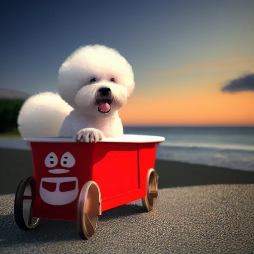 Prompt: a photorealistic photograph of a smiling white Bichon Frisé puppy riding alone in little red wagon, overflowing french fries during sunset at the beach Trending on Artstation, featured on Behance, well-rendered, Unreal Engine, 4K HD