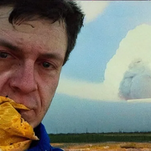 Prompt: a selfie of a ukrainian in yellow - blue rags against the backdrop of a nuclear explosion shoots himself in the head with a pistol in order to die a less painful death