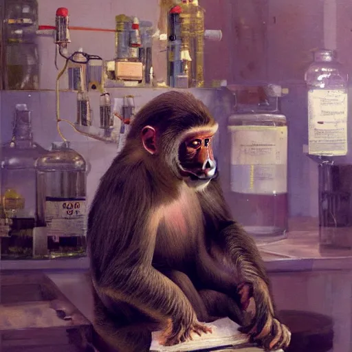 Image similar to portrait of a monkey doctor working chemical lab, artwork by gaston bussiere, craig mullins, trending on artstation, monkey dressed as a scientist, using googles and wearing a doctor coat